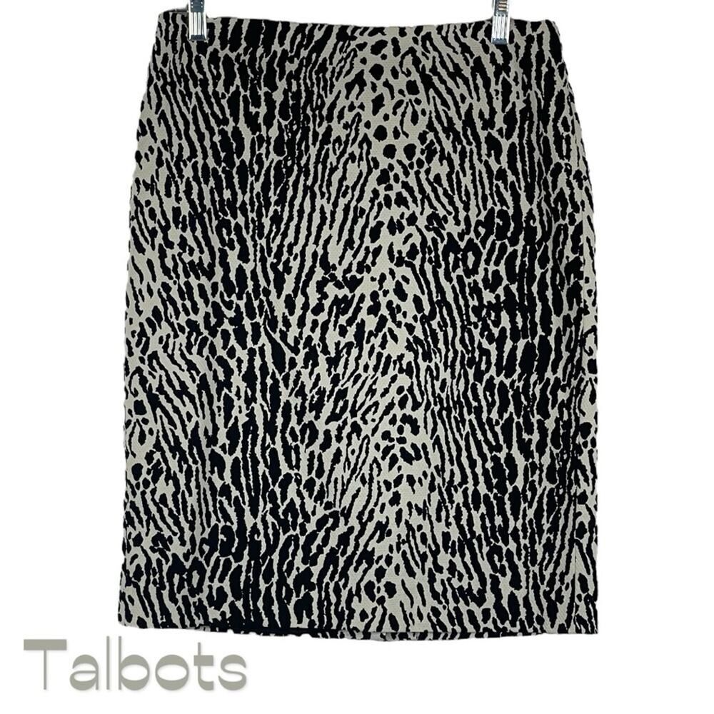 Talbots Black Cream Animal Print Pencil Skirt NWOT Size 6